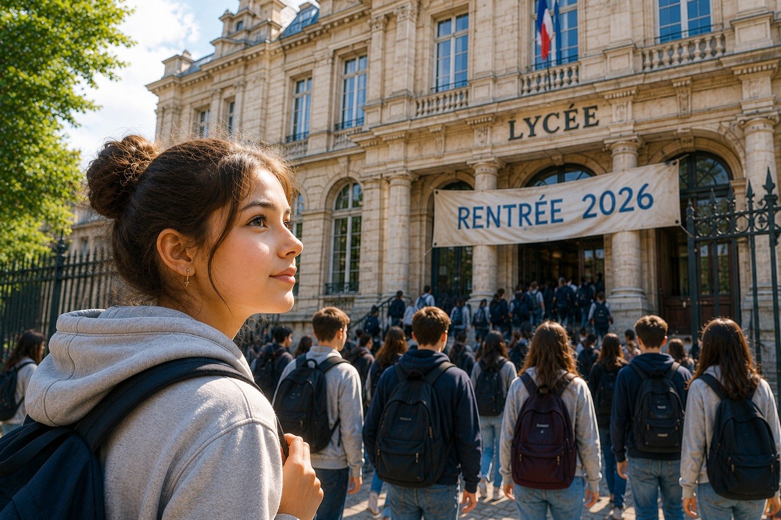 Lycéenne à l’entrée du lycée avant la rentrée en seconde