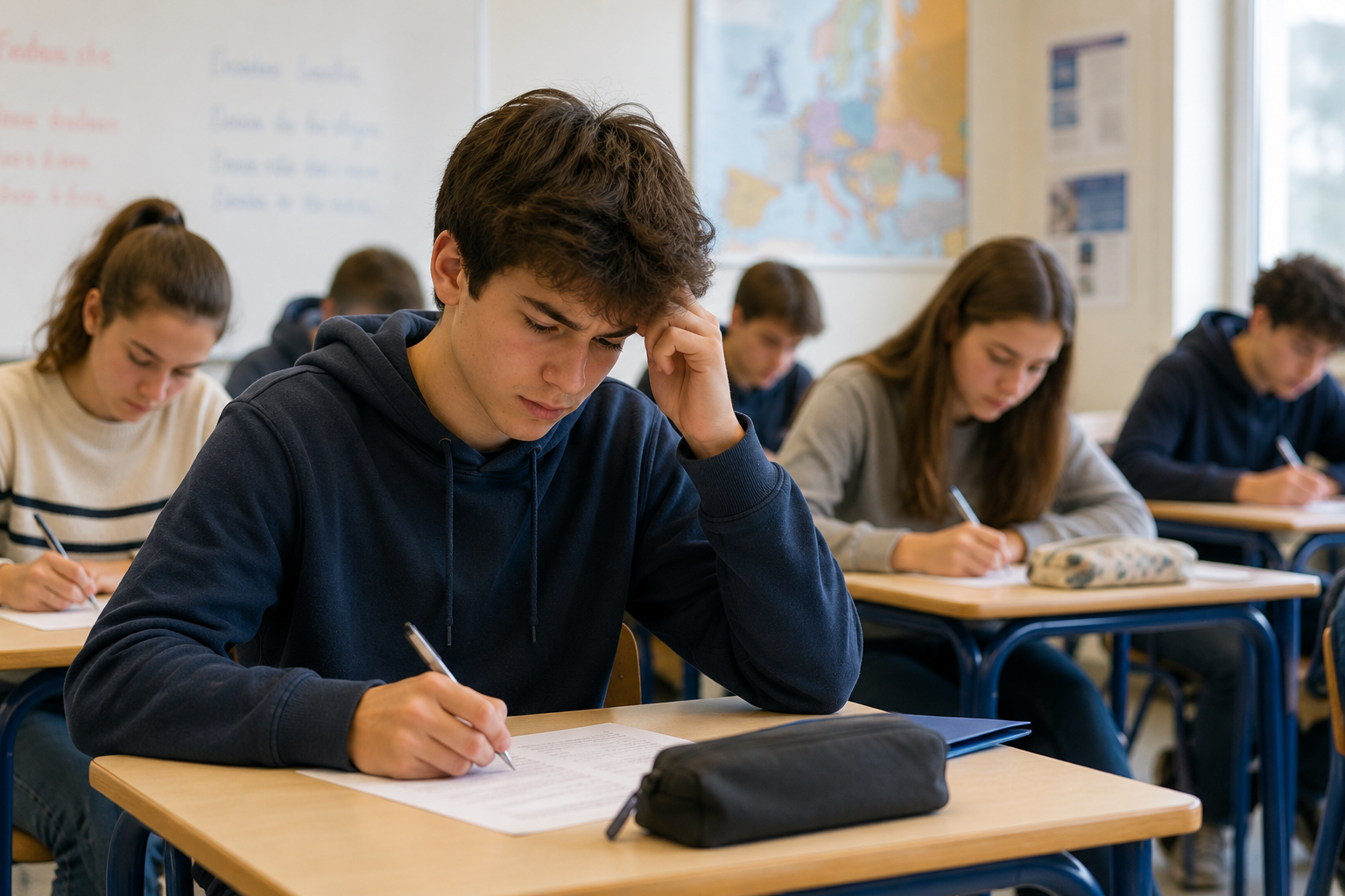 Lycéen écrivant un devoir en classe et hésitant sur l’orthographe d’un mot