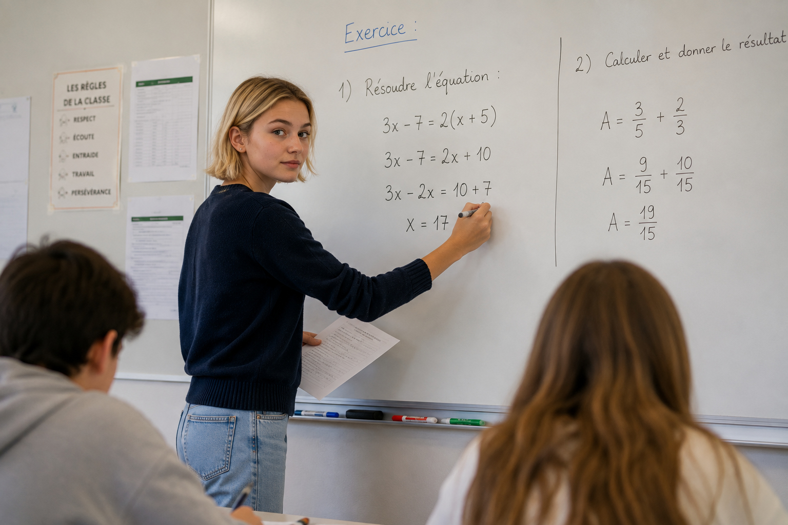 Lycéenne au tableau résolvant un exercice de mathématiques en classe